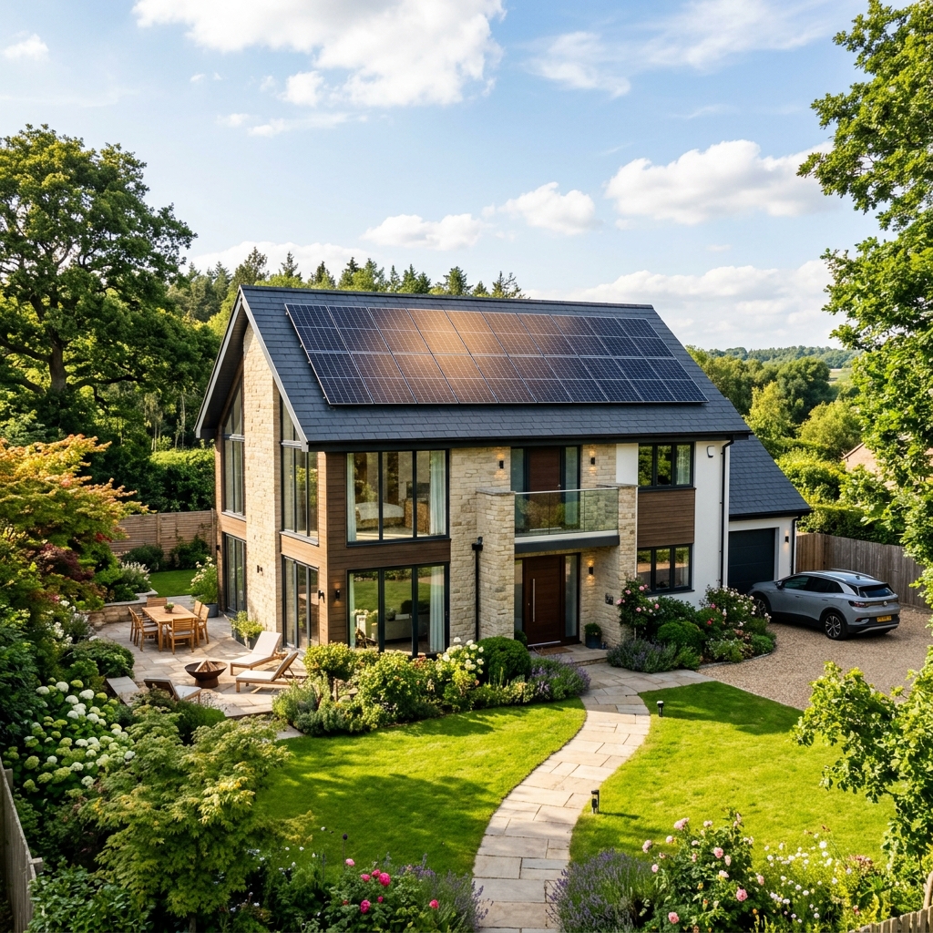Modernes Wohnhaus mit Solaranlagen im Grünen